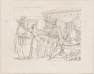 Zu Shakespeares "Othello", Blatt 12, 5. Akt, 2. Szene: Othello kniend vor der toten Desdemona hört entsetzt Emilias Anklage