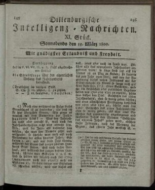 XI. Stück. Sonnabends den 15. März 1800.
