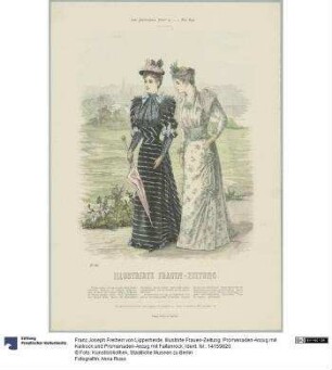 Illustrirte Frauen-Zeitung: Promenaden-Anzug mit Keilrock und Promenaden-Anzug mit Faltenrock