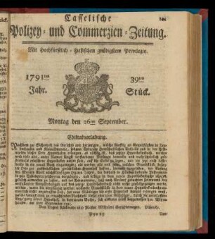 39tes Stueck, Montag den 26ten September. 1791