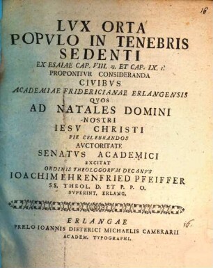 Lux orta populo in tenebris sedenti, ex Esaiae cap. VIII. 23. et cap. IX. 1.