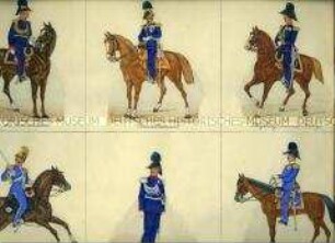 Uniformdarstellung, Offizier des Generalstabes, Generalleutnant, Flügeladjutant des Königs, Stabsoffizier des II. Reiter-Regiments, Gouvernementsoffizier, Oberst-Brigadier der Leib-Brigade, Sachsen, 1860.