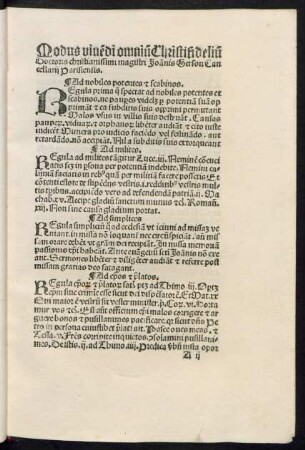 Modus vivendi omnium Christi fidelium Doctoris christianissimi magistri Ioannis Gerson Cancellarii Parisiensis.