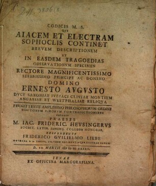 Codicis M.S. qui Aiacem et Electram Sophoclis continet, brevem descriptionem, et in easdem tragoedias observationum specimen