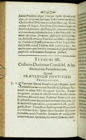 Titulus III. Collatio Doctrinæ Caroli M. & hodiernorum Pontificiorum. Quoad Prætensum Pontificis Privilegium.
