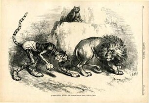 Another Eastern question - the Imperial Bengal tiger entering Europe : Disraeli wird als bengalischer Tiger dargestellt, der sich an den britischen Löwen heranschleicht