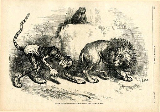 Another Eastern question - the Imperial Bengal tiger entering Europe : Disraeli wird als bengalischer Tiger dargestellt, der sich an den britischen Löwen heranschleicht
