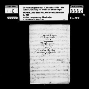 Ignaz Pleyel: Journal de Musique / Pour les dames / Livre I / Trois Quatuors / de Mr Pleyel, / arrangés an / Sonates pour le Forte Piano / avec Violon et Violoncello / par J. Andre; Besitzvermerk: Charles Louis Prince de Hohenlohe.