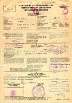 Entlassungsschein von Werner Papke aus einem französischen Kriegsgefangenenlager