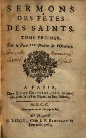 Sermons des fêtes des saints, 1