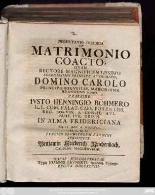 Dissertatio Ivridica De Matrimonio Coacto