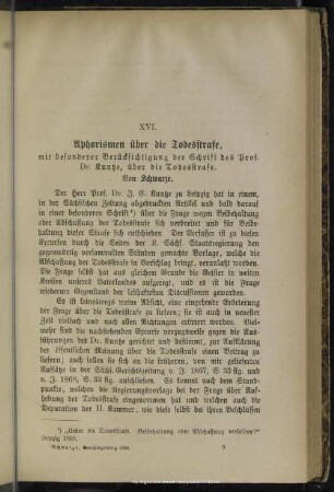 XVI. Aphorismen über die Todesstrafe, mit besonderer Berücksichtigung der Schrift des Prof. Dr. Kuntze, über die Todesstrafe