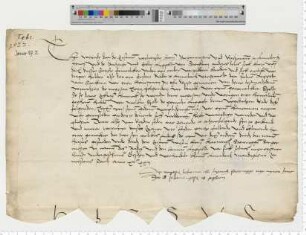 Vertrag der Bürgermeister und Ratsmannen mit Lyppolt van Stockum, der als Nachfolger Hinricks de Wendt auf 10 Jahre als Hauptmann mit vier gerüsteten Pferden in den Sold der Stadt tritt. Eigenhändige Unterschrift des Bürgermeisters Hartich Stoterogge, Durchschnitt durch den Namen.