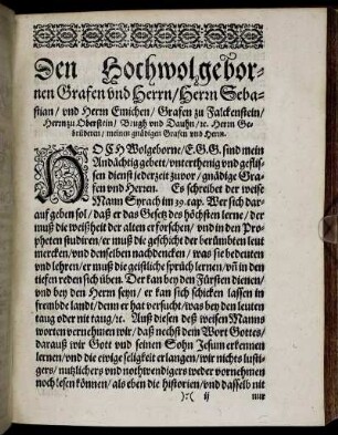 Den Hochwolgebornen Grafen und Herrn/ Herrn Sebastian/ und Herrn Emichen/ Grafen zu Falckenstein/ Herrn zu Oberstein [...]