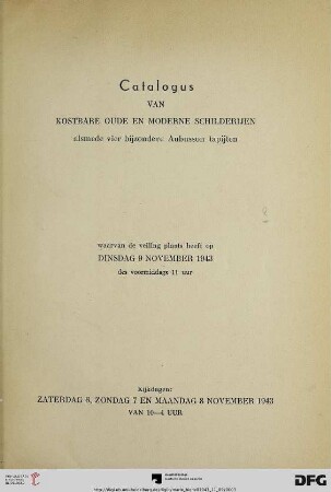 Catalogus van kostbare oude en moderne schilderijen alsmede vier bijzondere Aubusson tapijten : 9 november 1943