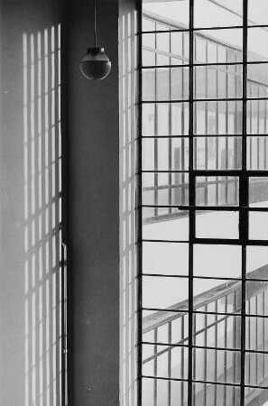 Bauhaus. Blick vom Inneren durch die verglaste Fassade