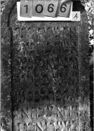 Grabstein 1066 (Index: 99753344) Material: Sandstein Zustand: leicht verwitt/Stele nach hinten gekippt Maße HxBxT: 120x57x11 cm Beschreibung: Stele, Rundbogenabschluß, Schriftfeld eingetieft Symbolik: Blüte: Grabstein 1066A