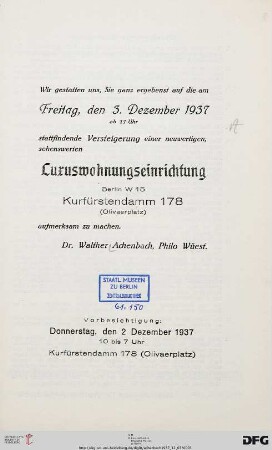 Auktionshaus Dr. Walther Achenbach: Luxuswohnungseinrichtung - Berlin W 15, Kurfürstendamm 178 (Olivaerplatz) : 3. Dezember 1937