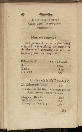 Huitieme Lettre. Coups d´oeil chronologiques.