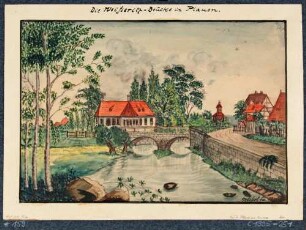 Die Weißeritz-Brücke in Plauen bei Dresden mit dem Wasserschlösschen (Neidschützschlösschen, Kielmannseggeschlösschen) und der Brühlschen Wasserkunst (Walkmühle, Furnierschneidemühle) im Hintergrund