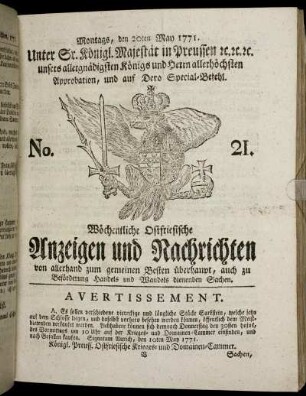 No. 21. Montags, den 20ten May 1771.