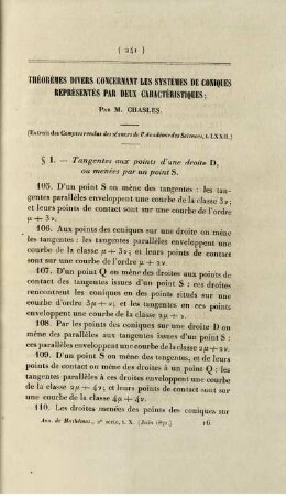 Théorémes divers concernant les systèmes de coniques représentés par deux caractéristiques.
