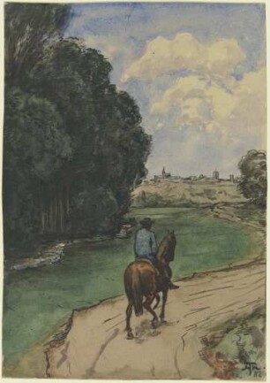Am Waldesrand. Reiter auf einem Wege, bildeinwärts