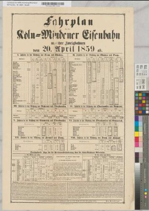Fahrplan für die Köln-Mindener Eisenbahn und ihre Zweigbahnen vom 20. April 1859 ab. Druck von M. DuMont-Schauberg in Köln