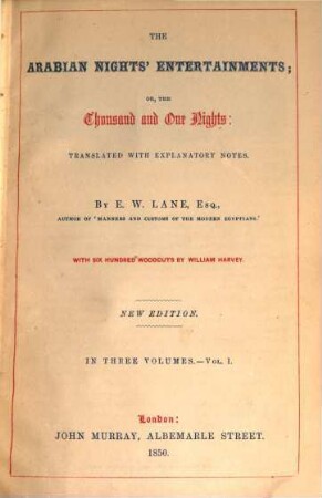 The arabian Nights Entertainments : Translated by Lane, 1