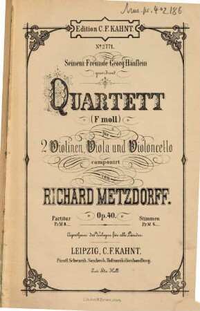 Quartett (f Moll) : für 2 Violinen, Viola u. Violoncello ; op. 40