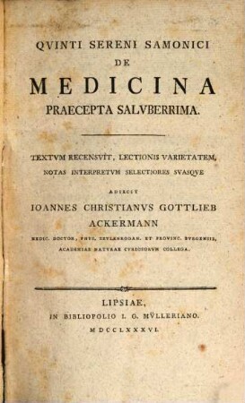 Qvinti Sereni Samonici De Medicina Praecepta Salvberrima