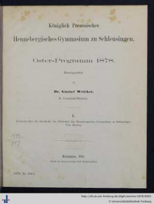 Nachricht über die Geschichte der Bibliothek des Hennebergischen Gymnasiums zu Schleusingen