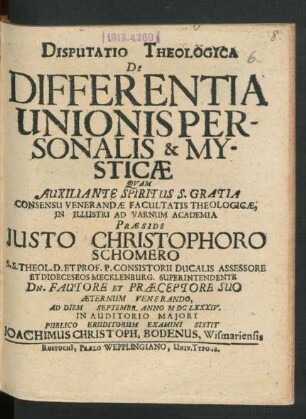 Disputatio Theologica De Differentia Unionis Personalis & Mysticae
