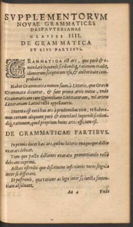 Supplementorum Novae Grammatices Despauterianeae Classis IIII. De Grammatica Et Eius Partibus.