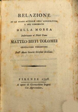 Relazione su lo stato attuale dell'agricoltura e del'commercio della Morea