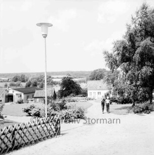 Grünanlage zwischen Markt, Matthias-Claudius-Schule und Ahrensböker Straße: zwei Kinder auf Fußweg: Büsche, Rasen, links Birke: vorne Jägerzaun, Straßenlaterne: hinten Häuser an Ahrensböker Straße: im Hintergrund Herrenteich