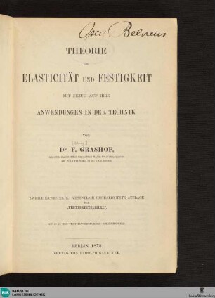 Theorie der Elasticität und Festigkeit : mit Bezug auf ihre Anwendungen in der Technik