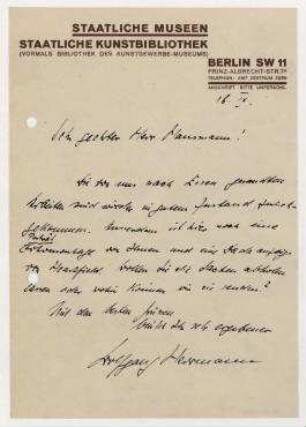 Brief Staatliche Kunstbibliothek / Wolfgang Herrmann an Raoul Hausmann. Berlin