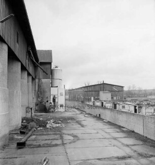 Heinrichshof, Gut: stillgelegte Schweinemastanlage: links Futtermittelgebäude mit Silos: rechts verfallene Schweinställe