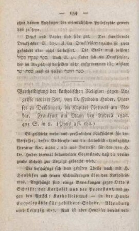 154-159 [Rezension] Huber, Fridolin, Vertheidigung der katholischen Religion gegen Angriffe neuerer Zeit