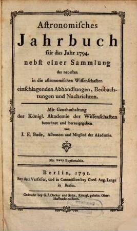 Astronomisches Jahrbuch, 1794 (1791)