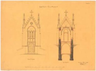 Schloss, Dobrau Gruftkapelle im Park: Aufriss Vorderansicht, Querschnitt, Maßstabsleiste