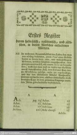 Erstes Register deren hebräisch, rabbinisch, und jüdischen, in diesem Werkchen enthaltenen Wörtern