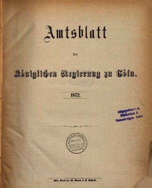 Amtsblatt für den Regierungsbezirk Köln. 1872