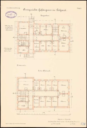 Amtsgerichts- und Gefängnisgebäude, Belgard: Amtsgerichts-Gefängnis Grundriss Erdgeschoss, 1. Obergeschoss 1:100