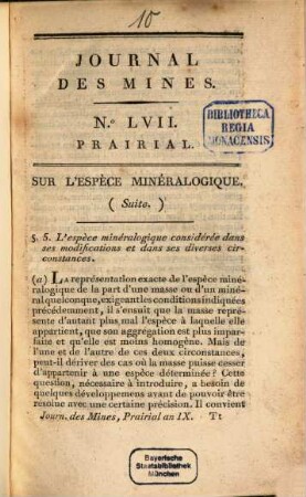 Journal des mines : ou recueil de mémoires sur l'exploitation des mines et sur les sciences et les arts qui s'y rapportent. [10] = No. 57 - 60. An IX [= 1800/01]
