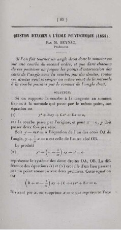 Question d´examen a l´école polytechnique (1858).
