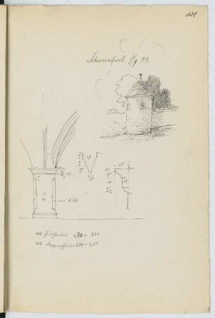 Kapelle, Schweinfurt. Pfeiler, Schweinfurt: Perspektivische Ansicht Kapelle, Ansicht, Details Pfeiler (aus: Skizzen- und Fotoalbum 16)