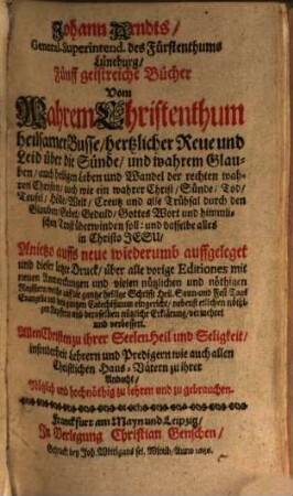 Fünff geistreiche Bücher vom wahren Christenthum