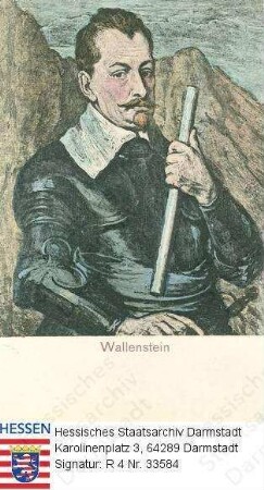 Wallenstein, Albrecht v. (1583-1634) / Porträt, in Harnisch, vor Berg stehend, Halbfigur
